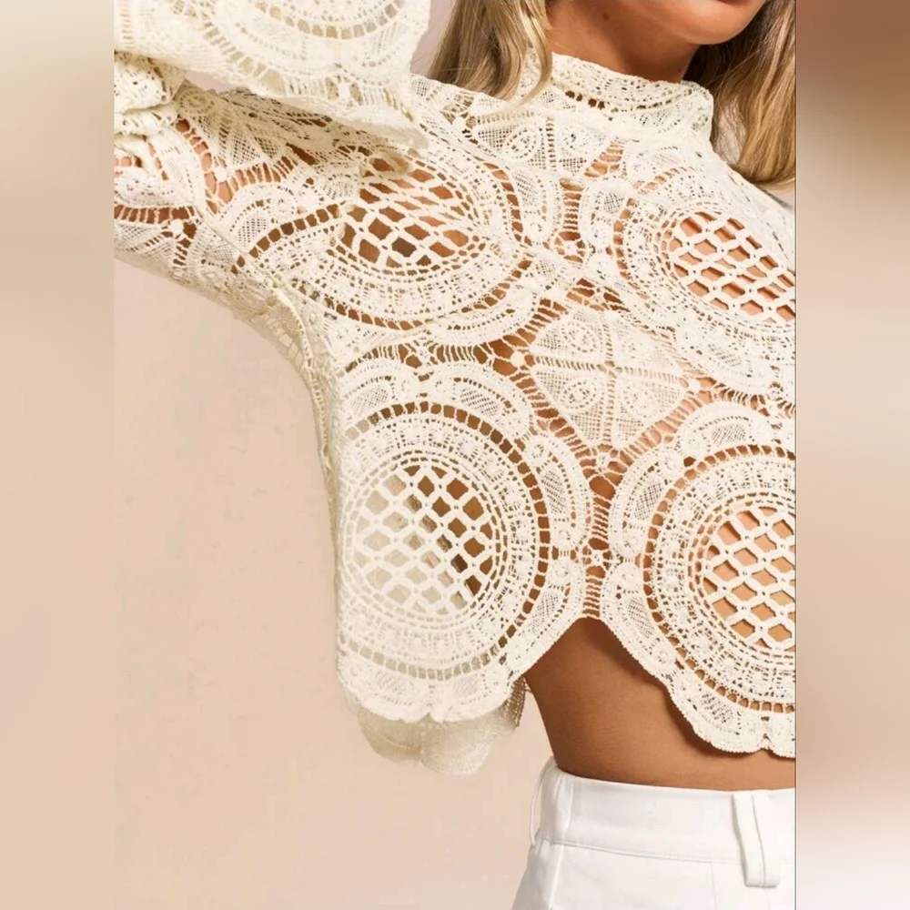 Glamine Long Sleeve StandCollar Water Soluble Flower Inlay Edge Sheer Hollow Top - Picture 3 of 7